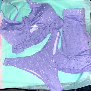 SZ L 3PC Swimsuit purple bathing suit with skirt cover up